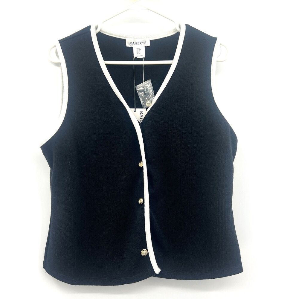 Bailey 44 Sweater Vest M Black White Trim Gold Crest Buttons NWT V-Neck Knit